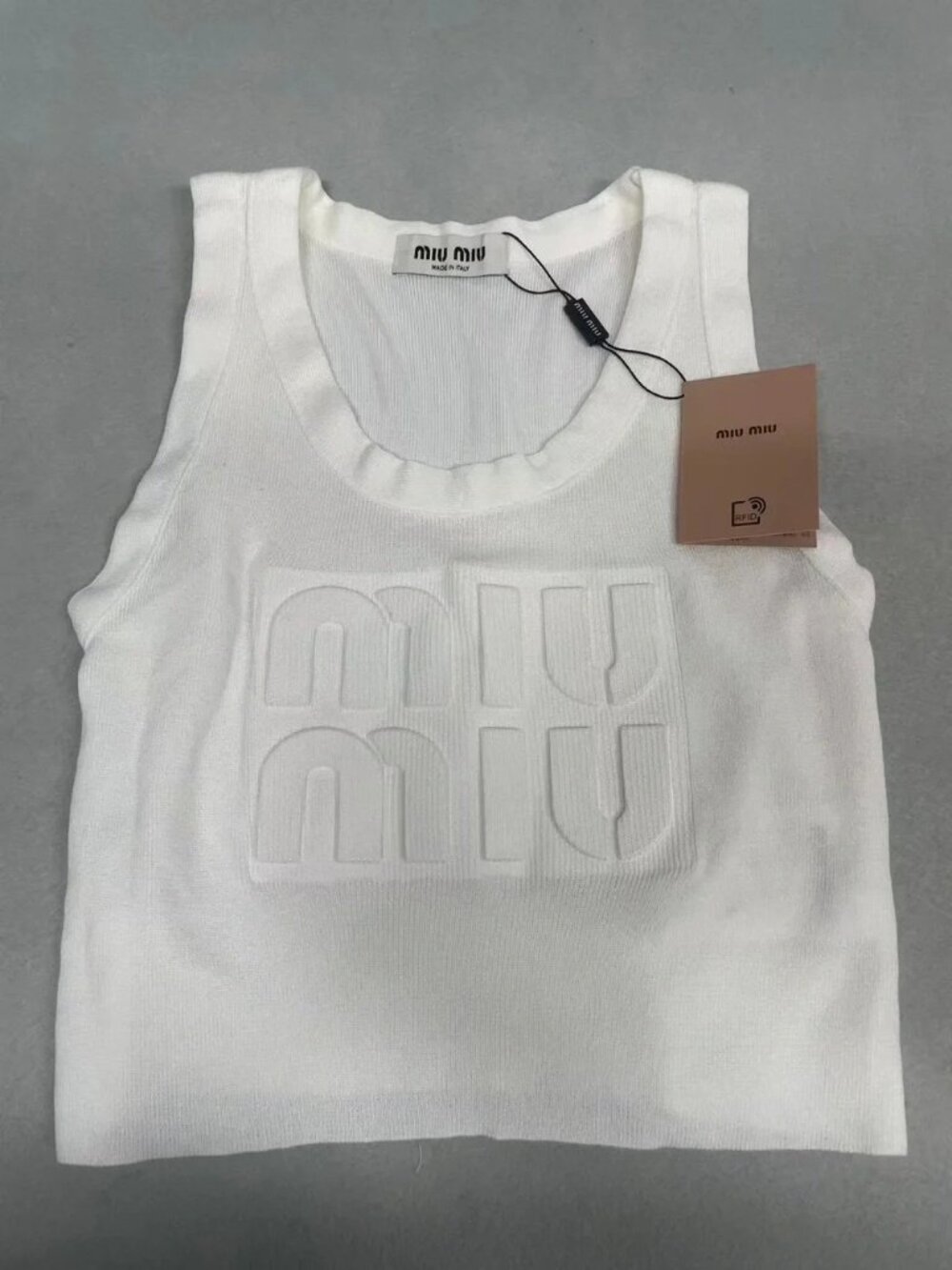 Miu Miu White Ribbed Knit Tank Top w/ 3D Embossed Logo